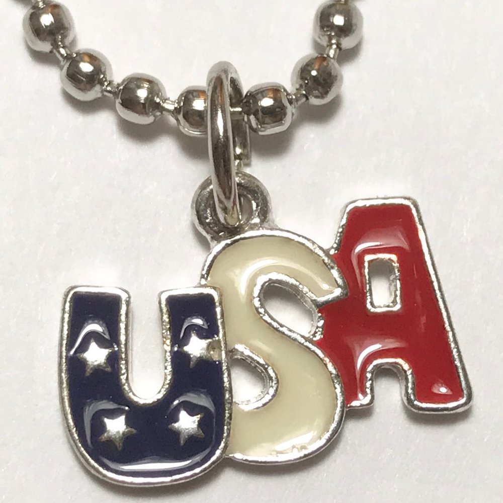 Patriotic USA American Flag Necklace 26" July 4th Mens Women's Silver Tone